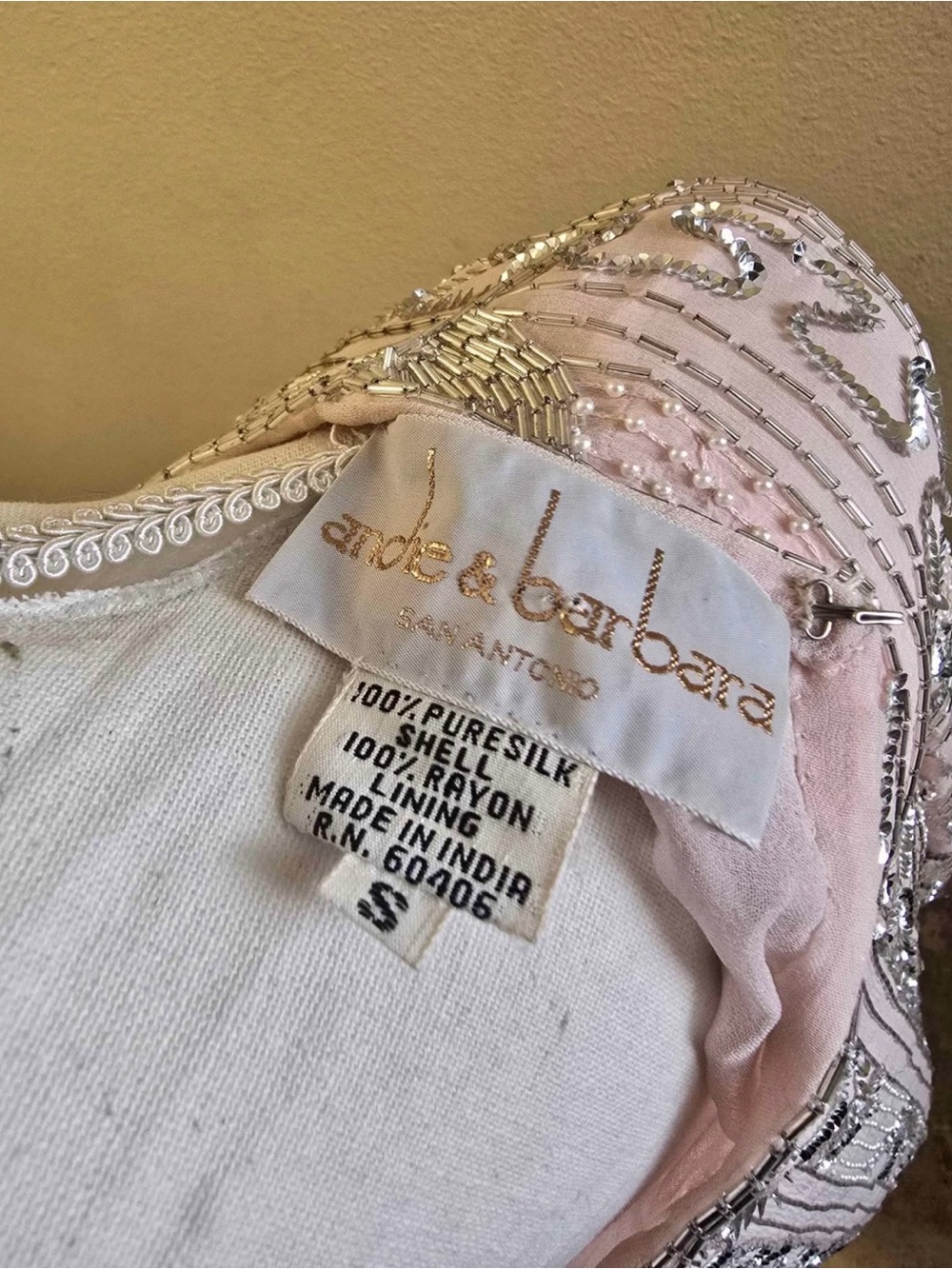 Vintage Judith Ann for Andie & Barbara Pink Silk Beaded Drop Waist Dress Small - Picture 8 of 8